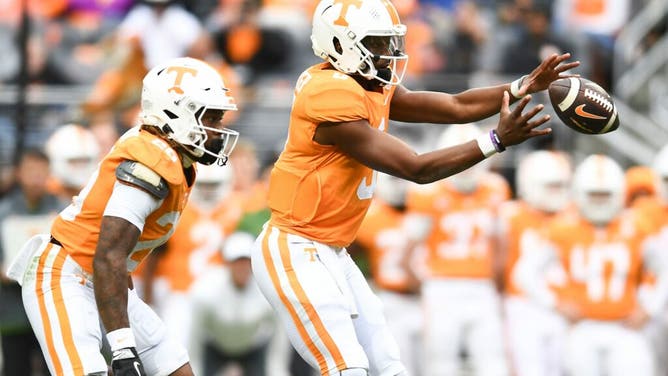 Tennessee QB Hendon Hooker takes the snap during a game vs. Missouri Tigers in Knoxville, Tennessee.