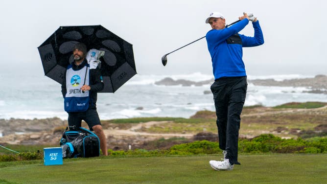 Jordan Spieth hits his tee shot on the 13th hole during the 2nd round of the 2023 AT&T Pebble Beach Pro-Am at the Monterey Peninsula Country Club.