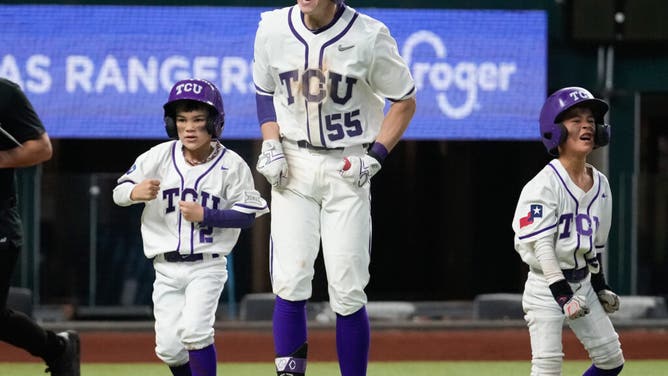 TCU IF Brayden Taylor reacts after hitting a 2-run home run against Vanderbilt in the sixth inning at Globe Life Field.