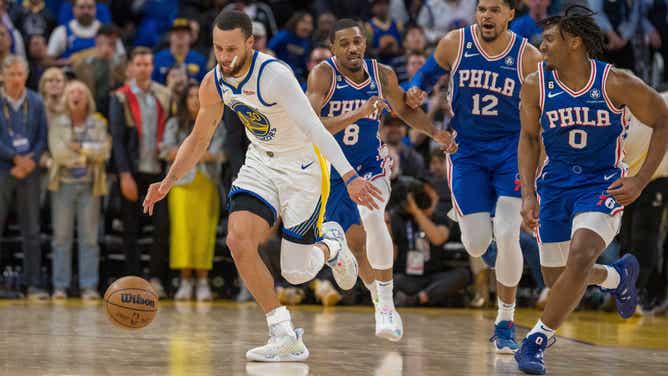 Golden State Warriors' legend Stephen Curry starts a fast-break vs. Philadelphia 76ers at Chase Center in San Francisco, California.