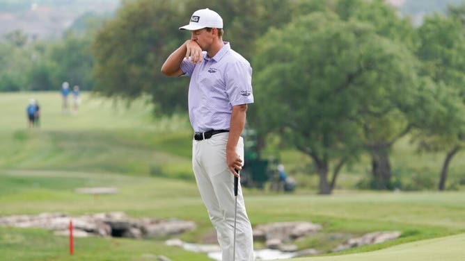 Sam Stevens reacts after missing a birdie putt on the 18th green during the final round of the Valero Texas Open at TPC San Antonio.