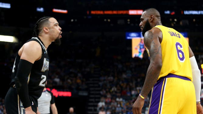Grizzlies F Dillon Brooks and Lakers' LeBron James talk smack during Game 2 of the 2023 NBA playoffs at FedExForum in Memphis, Tennessee.