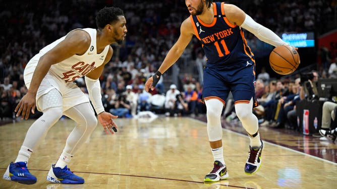 Mitchell defends New York Knicks PG Jalen Brunson during Game 5 of the 2023 NBA playoffs at Rocket Mortgage FieldHouse.