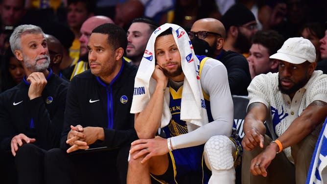 Warriors' Stephen Curry is bummed out as Golden State gets crushed by the LA Lakers in Game 3 of the 2023 NBA Western Conference Finals at Crypto.com Arena.