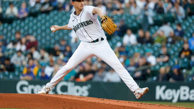 Seattle Mariners starter George Kirby throws against the Texas Rangers during the 3rd inning at T-Mobile Park.