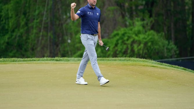 Corey Conners reacts to a putt on the 2nd green during the 2nd round of the 2023 PGA Championship.