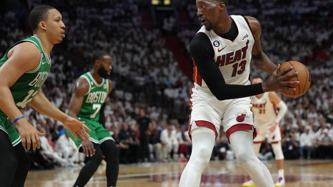 Miami Heat big Bam Adebayo sizes up Boston Celtics big Grant Williams in the Eastern Conference Finals.
