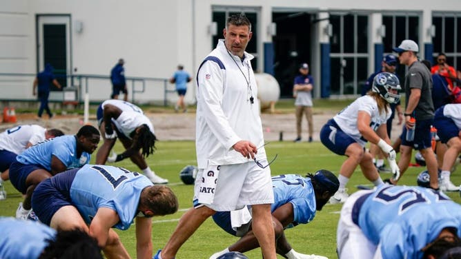 Titans head coach Mike Vrabel watches his team during an OTA practice at Ascension Saint Thomas Sports Park in Nashville.