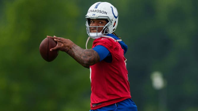Colts QB Anthony Richardson works through passing drills during mandatory minicamp at the Indiana Farm Bureau Football Center in Indianapolis.