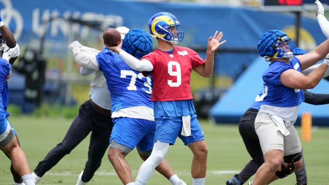 Los Angeles Rams QB Matthew Stafford throws the ball during minicamp at Cal Lutheran University.