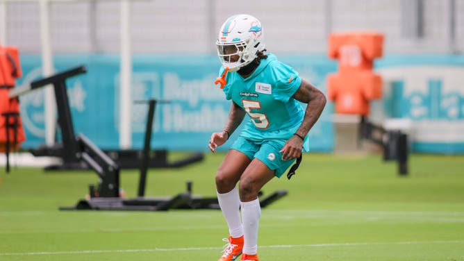 Dolphins CB Jalen Ramsey works out during training camp at Baptist Health Training Facility in Florida.