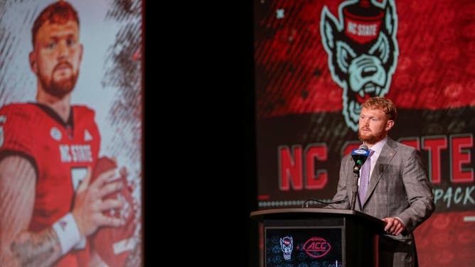 NC State QB Brennan Armstrong answers questions from the media during the ACC 2023 Kickoff.