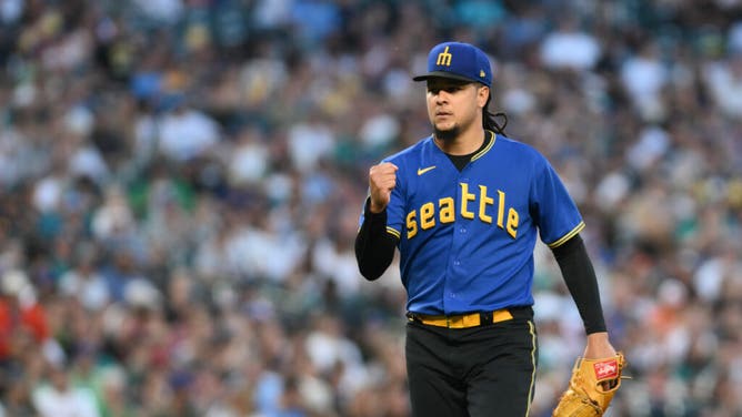 Mariners starting pitcher Luis Castillo celebrates a strikeout vs. the Baltimore Orioles at T-Mobile Park in Seattle.