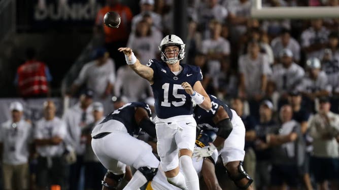 Penn State Nittany Lions QB Drew Allar throws a pass vs. the West Virginia Mountaineers at Beaver Stadium in University Park, Pennsylvania. (Matthew O'Haren-USA TODAY Sports)