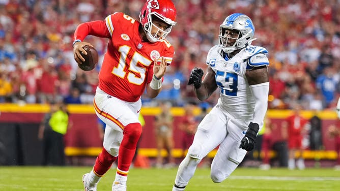 Chiefs QB Patrick Mahomes runs the ball against the Detroit Lions in the 2023 NFL Kickoff Game at GEHA Field at Arrowhead Stadium in Kansas City.