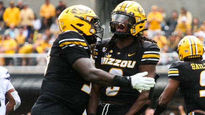 Tigers LB Ty'Ron Hopper celebrates after a play against the Kansas State Wildcats at Memorial Stadium on Sept. 16, 2023, in Columbia, Missouri.