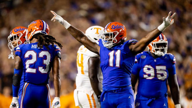 Florida Gators DE Kelby Collins is pumped up vs. Tennessee at Ben Hill Griffin Stadium.