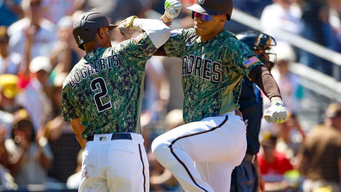 Padres OF Juan Soto celebrates with Xander Bogaerts after hitting a 3-run homer vs. the St. Louis Cardinals at Petco Park in San Diego.