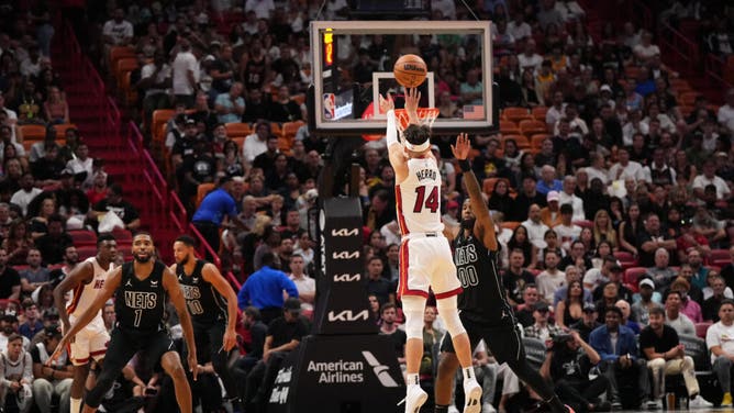 Heat SG Tyler Herro hoists a 3-pointer vs. the Brooklyn Nets at Kaseya Center in Miami.