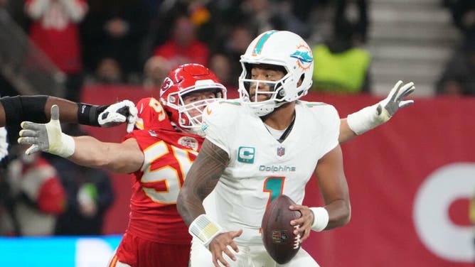 Kansas City Chiefs DE George Karlaftis pressures Miami Dolphins QB Tua Tagovailoa in the NFL Week 9 at Deutsche Bank Park.