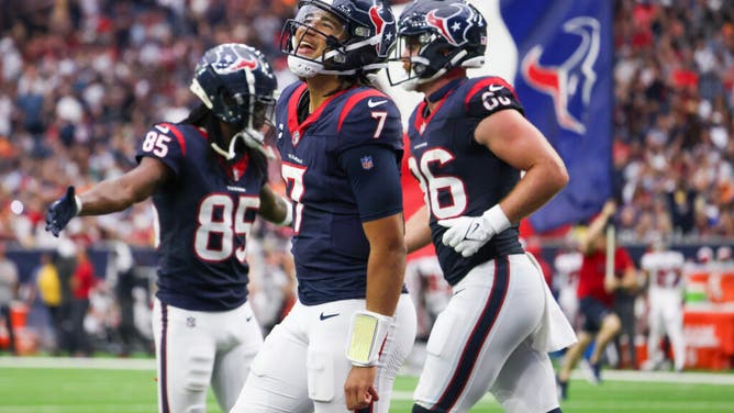 Texans QB C.J. Stroud celebrates a TD vs. the Tampa Bay Buccaneers in the fourth quarter at NRG Stadium in Houston.