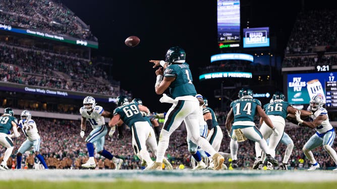 Eagles QB Jalen Hurts throws the ball out of his own end zone against the Dallas Cowboys at Lincoln Financial Field in Philadelphia.