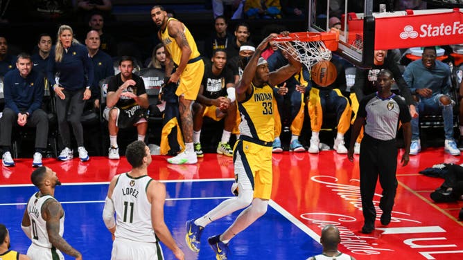 Indiana Pacers big Myles Turner dunks the ball against the Milwaukee Bucks during the 2023 NBA In-Season Tournament semifinals at T-Mobile Arena in Las Vegas