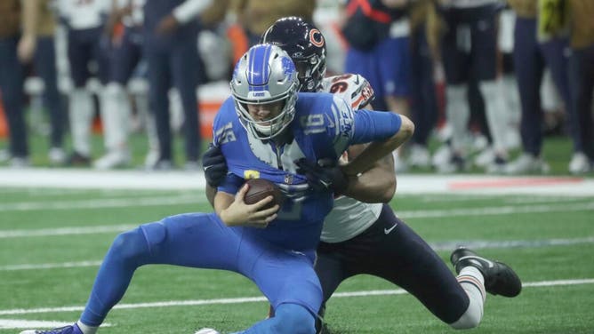 Lions QB Jared Goff is sacked by Chicago Bears DE Montez Sweat at Ford Field in Detroit.