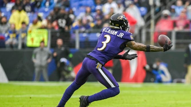 Ravens WR Odell Beckham Jr. leaps for a catch against the Los Angeles Rams at M&T Bank Stadium in Baltimore, Maryland.