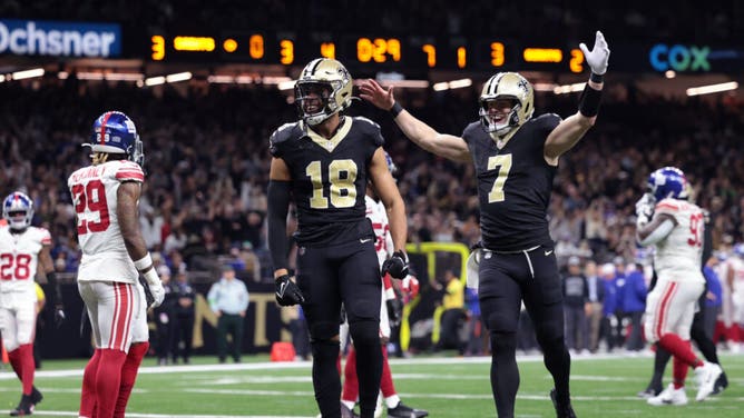 Saints WR Keith Kirkwood celebrates after a TD catch against the New York Giants at Caesars Superdome in New Orleans.