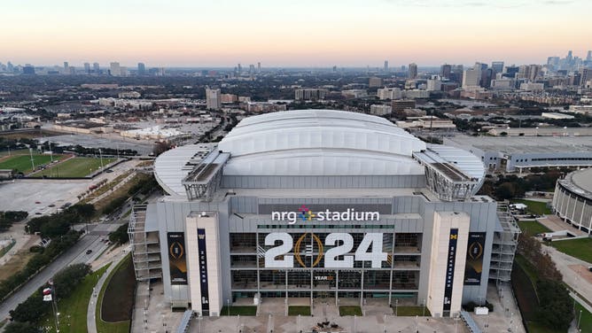 An aerial view of NRG Stadium, host of the 2024 College Football Playoff (CFP) national championship between the Washington Huskies and the Michigan Wolverines.