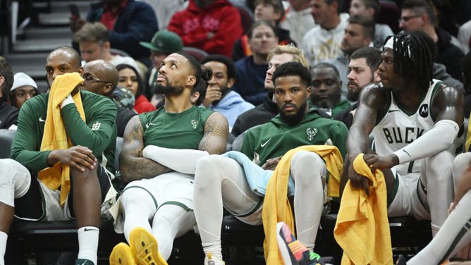 Milwaukee Bucks' starters look on while getting crushed by the Cavaliers at Rocket Mortgage FieldHouse in Cleveland, Ohio.