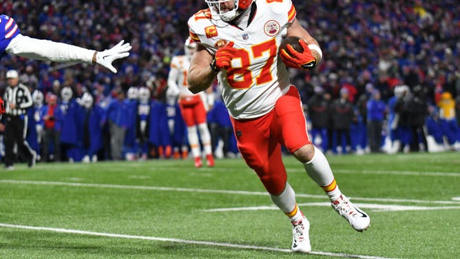 Kansas City Chiefs TE Travis Kelce runs after a catch vs. the Buffalo Bills in the 2024 AFC divisional round at Highmark Stadium in New York.