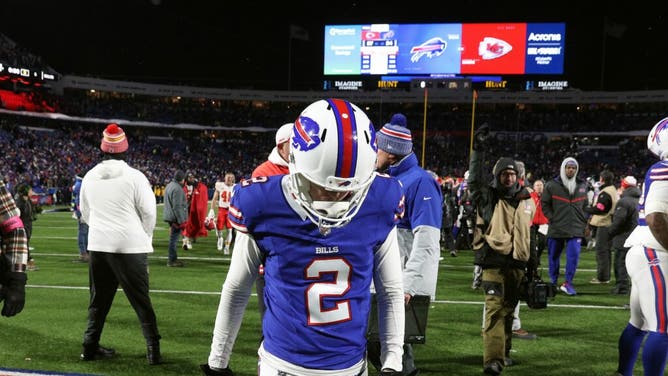 Buffalo Bills kicker Tyler Bass walks off the field after missing what would have been a game-tying field goal in a 27-24 loss to the Kansas City Chiefs in the NFL Divisional Round.