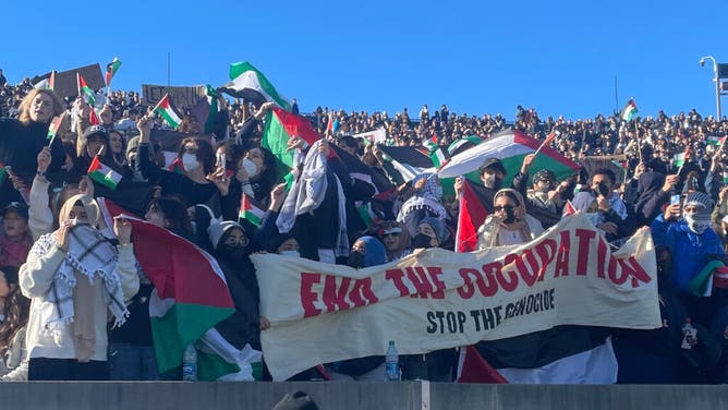 Anti-Israel and mostly masked protestors demonstrate and wave Palestine flags at Harvard-Yale football game.