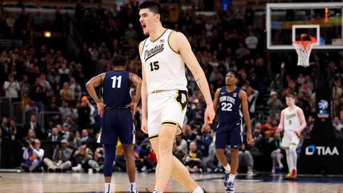 Zach Edey of the Purdue Boilermakers celebrates a play in the Big Ten Basketball Tournament. Purdue is the top-seeded team in the East Region in the NCAA Tournament bracket.