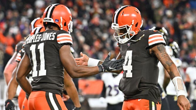Watson and Browns WR Donovan Peoples-Jones celebrate a TD vs. the Baltimore Ravens at FirstEnergy Stadium in Cleveland.