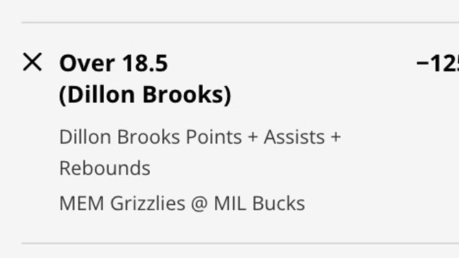 Odds for Grizzlies SF Dillon Brooks' OVER PRA vs. the Bucks from DraftKings Sportsbook.