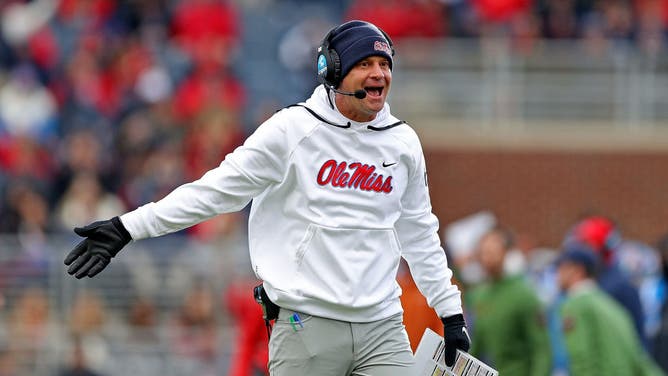 Ole Miss Rebels head coach Lane Kiffin of the yells at an official during the game against the Alabama Crimson Tide at Vaught-Hemingway Stadium in Oxford, Mississippi.