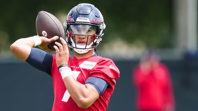 Quarterback C.J Stroud of the Houston Texans throws during the first day of Houston Texans rookie mini camp.