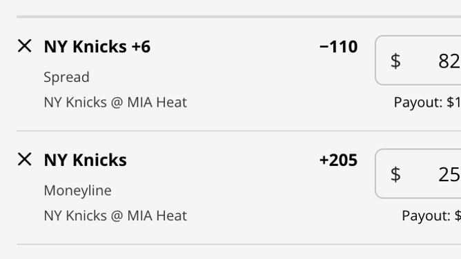 Odds for the New York Knicks' spread and moneyline in Game 6 at the Miami Heat from DraftKings.