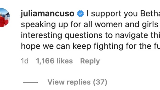 Olympic Gold medalist skier Julia Mancuso supports the decision of Bethany Hamilton to not compete against biological males.