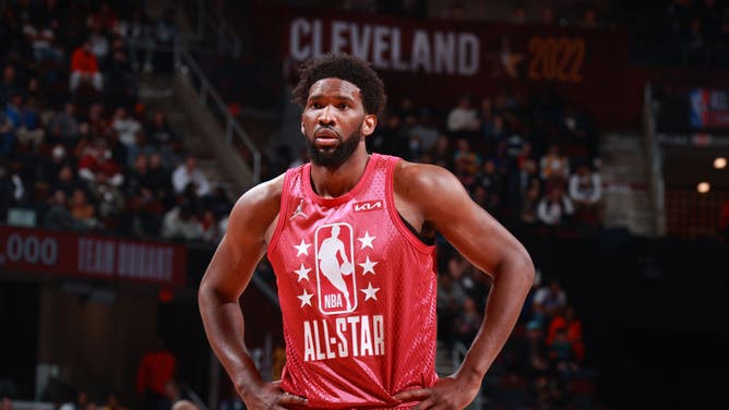 Joel Embiid of Team Durant looks on during the 2022 NBA All-Star Game at Rocket Mortgage FieldHouse in Cleveland, Ohio.