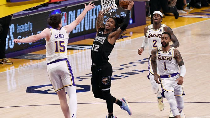 Grizzlies PG Ja Morant gets to the rack on Lakers SG Austin Reaves in Game 3 of the 2023 NBA Playoffs at Crypto.com Arena.