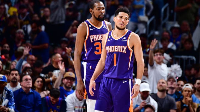 Suns F Kevin Durant and SG Devin Booker during Game 5 of the Western Conference Semifinals of the 2023 NBA Playoffs vs. the Nuggets at the Ball Arena in Denver, Colorado.