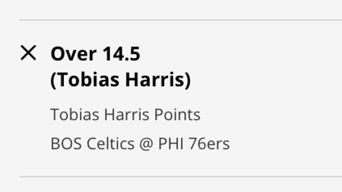 Odds for the OVER in 76ers SF Tobias Harris's point prop vs. the Celtics in Game 3 from DraftKings.