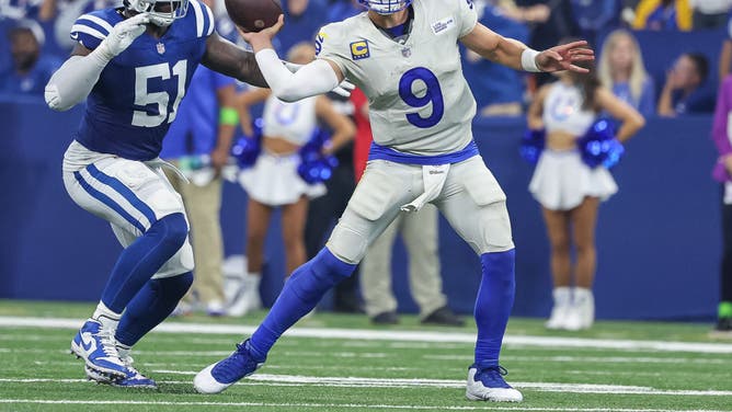 Los Angeles Rams QB Matthew Stafford throws the ball during the game against the Colts at Lucas Oil Stadium in Indianapolis.