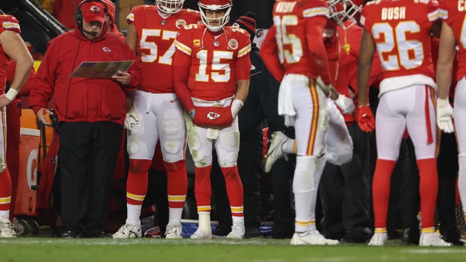 Kansas City Chiefs QB Patrick Mahomes on the sidelines in the fourth quarter of an AFC divisional playoff game between the Jacksonville Jaguars and Chiefs at GEHA Field at Arrowhead Stadium in Kansas City, Missouri.