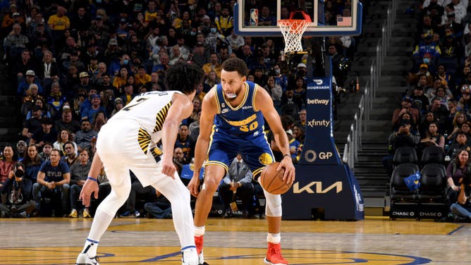 Golden State Warriors PG Stephen Curry handles the ball during the game against the Indiana Pacers at Chase Center in San Francisco.