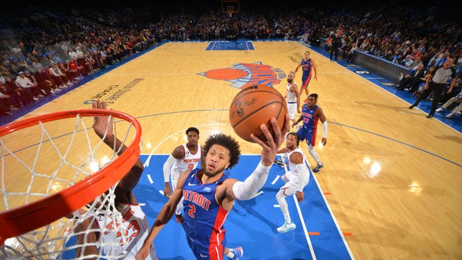 Pistons PG Cade Cunningham getting to the rack on the New York Knicks at Madison Square Garden Friday. (Jesse D. Garrabrant/NBAE via Getty Images)